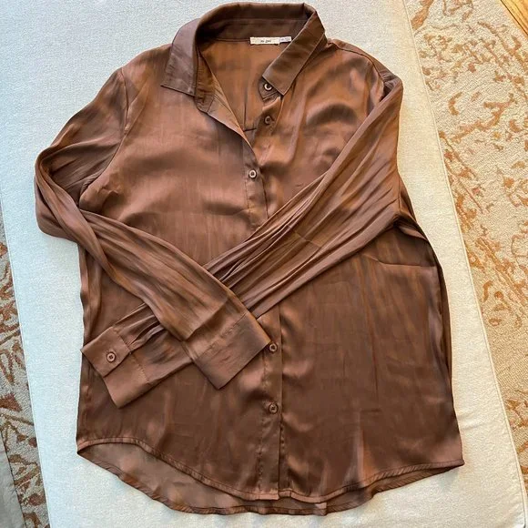 NWOT Miami Silk Brown Button Down Blouse Sz M - Picture 2 of 6
